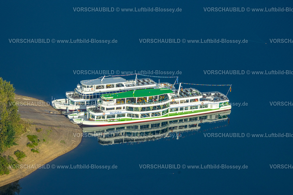 Olpe230913483 | Luftbild, BiggeTalsperre Biggesee, Ausflugsschiffe mit Spiegelung im See, Rhode, Olpe, Sauerland, Nordrhein-Westfalen, Deutschland