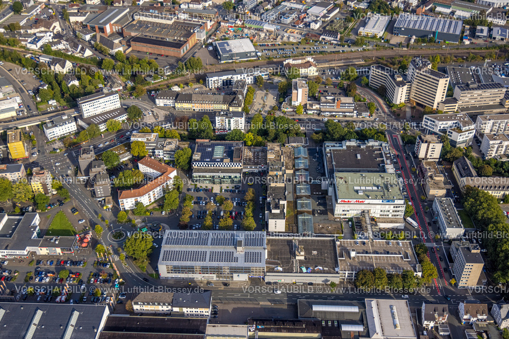 Siegen230912248 | Luftbild, City Hauptmarkt mit Media Markt und Modehaus Wagener, Finanzamt, Weidenau-West, Siegen, Siegerland, Nordrhein-Westfalen, Deutschland