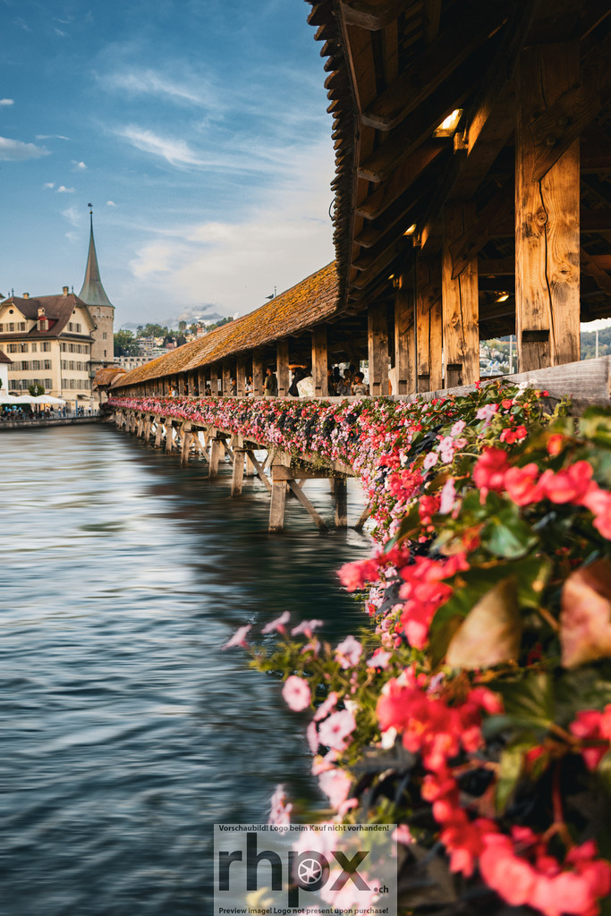 Kapellbrücke mit Sommerblumen in Luzern / Chapel Bridge with Summer Flowers in Lucerne | Die Kapellbrücke in Luzern zeigt sich in voller Blütenpracht. Entlang der Reuss leuchten die sommerlichen Blumen in kräftigen Farben und verleihen der historischen Holzbrücke ein besonders lebendiges Erscheinungsbild.  *************** Lucerne’s Chapel Bridge in full bloom — vibrant summer flowers line the Reuss River, adding color and life to the historic wooden bridge. A lively and cheerful view of one of Switzerland’s most beloved landmarks. - Realisiert mit Pictrs.com