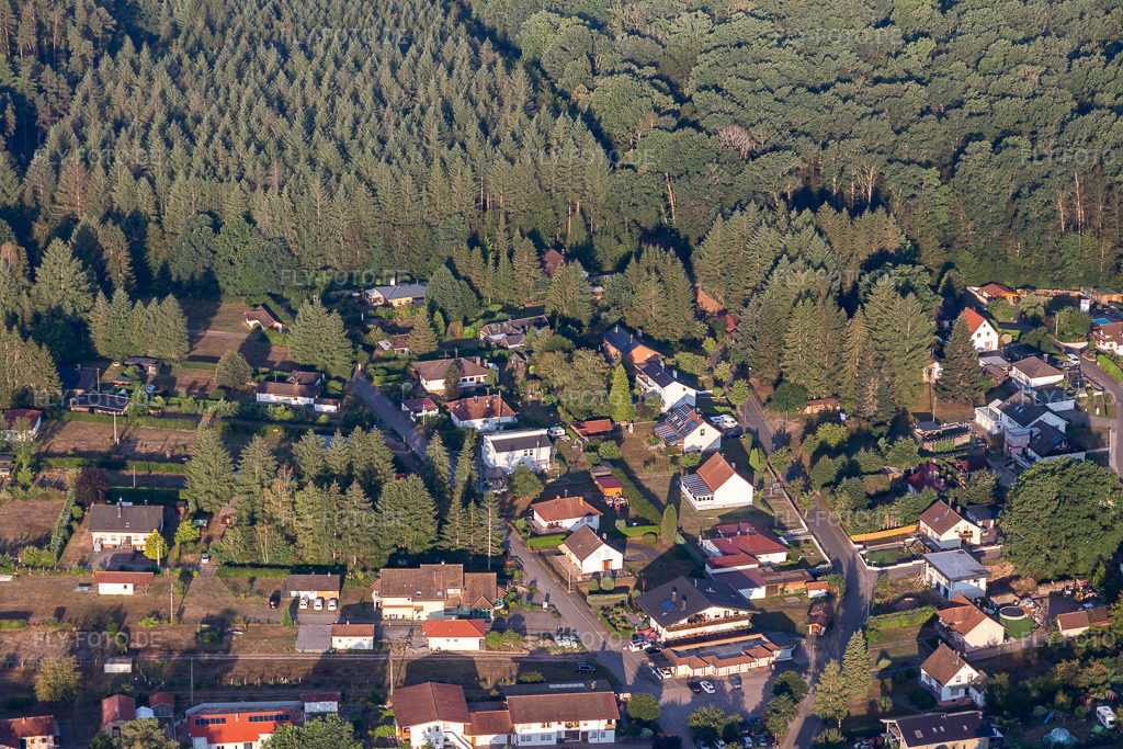 Luftbild: Am Sägmühlweiher und Bitscher Straße von Osten in Ludwigswinkel im Bundesland Rheinland-Pfalz in Deutschland. Foto: IMG_121974.jpg vom 08.08.2020 durch Werner Riehm/FLY-FOTO.de