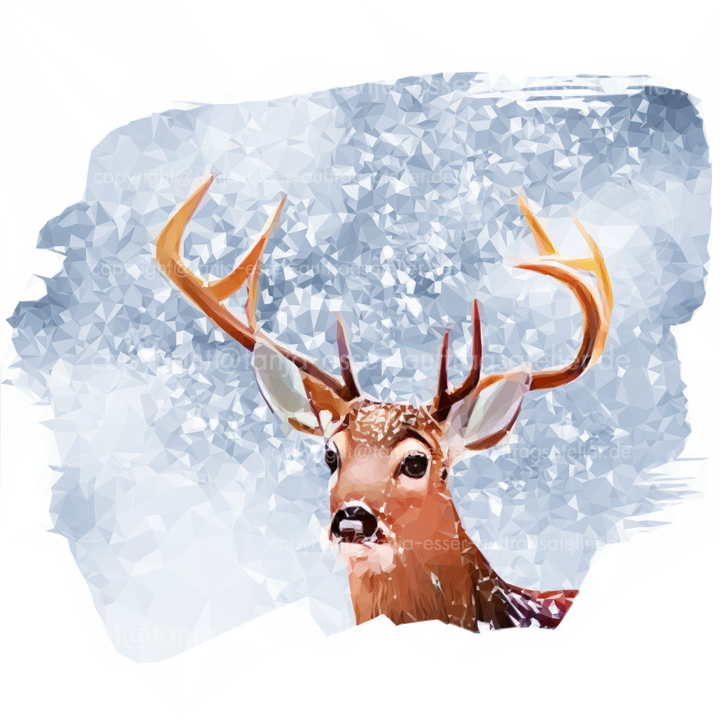 hirsch_winter D | Hirsch im Winter. Schneeflocken fallen in sein Fell. Illustration im Low Poly Stil.