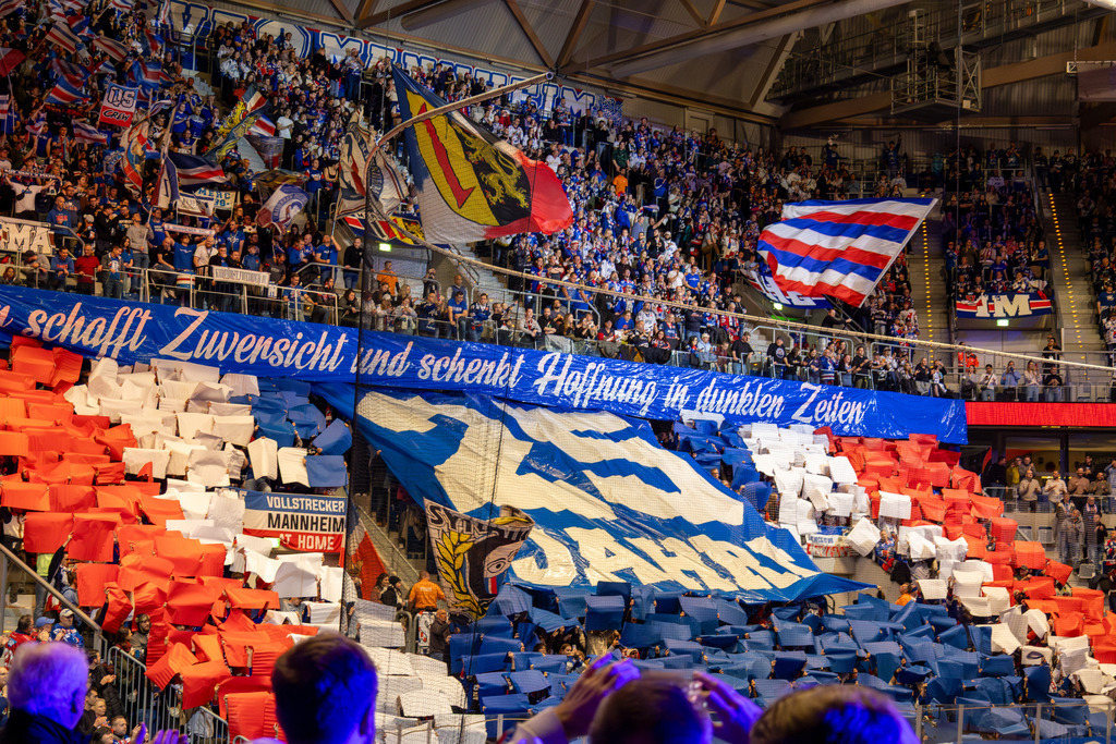 DEL, Deutsche Eishockey Liga Saison 2025/26, 24. Spieltag: Adler Mannheim gegen Fischtown Pinguins Bremerhaven | DEL, Deutsche Eishockey Liga Saison 2025/26, 24. Spieltag: Adler Mannheim gegen Fischtown Pinguins Bremerhaven***Bild: Tolle Choreo der Fans vor Beginn des Spieles - Realisiert mit Pictrs.com