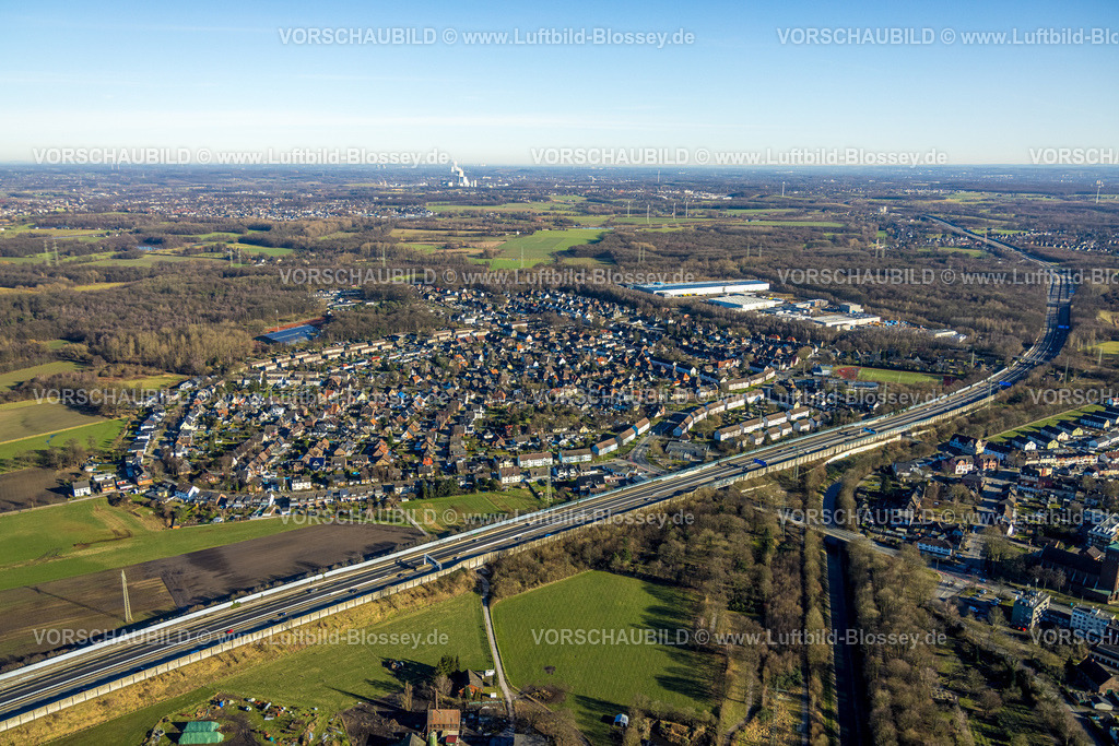 Castrop-Rauxel240106705 | Luftbild, Ortsansicht Ickern und Autobahn A2, Fernsicht mit blauem Himmel, Wald und Wiesen, Castrop-Rauxel, Ruhrgebiet, Nordrhein-Westfalen, Deutschland