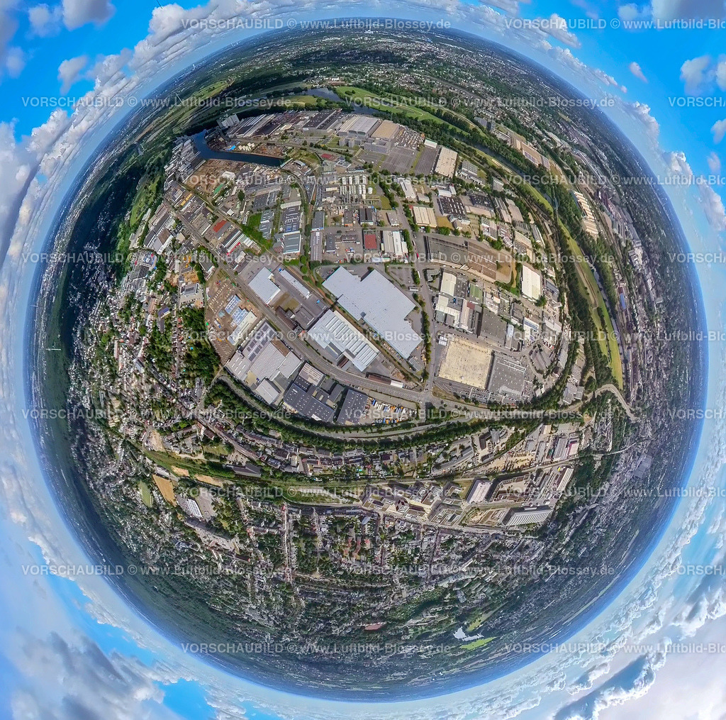 Muelheim20220806_GewerbegebietHafen-2 | Luftbild, Gewerbegebiet Rhein-Ruhr-Hafen Mülheim, Weseler Straße, Fisheye Aufnahme, Fischaugen Aufnahme, 360 Grad Aufnahme, Speldorf, Mülheim an der Ruhr, Ruhrgebiet, Nordrhein-Westfalen, Deutschland