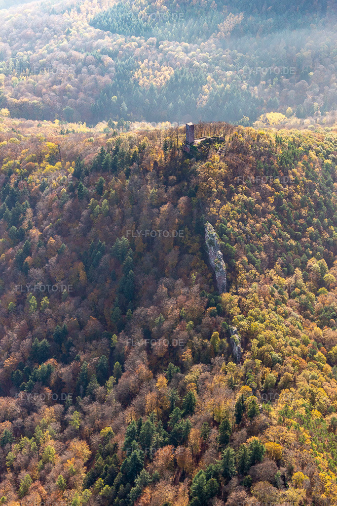Luftbild: Burgruine Scharfenberg in Leinsweiler im Bundesland Rheinland-Pfalz in Deutschland. Foto: IMG_123725.jpg vom 07.11.2020 durch Werner Riehm/FLY-FOTO.de