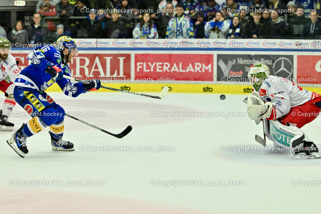 EC VSV vs. HC Bozen 16.2.2024 | #16 Kevin Hancock,  #38 Harvey Sam, EC VSV vs. HC Bozen 16.2.2024, EC VSV vs. HC Bozen 16.2.2024 am 16.02.2024 in Villach (Stadthalle Villach), Austria, (Photo by Bernd Stefan)