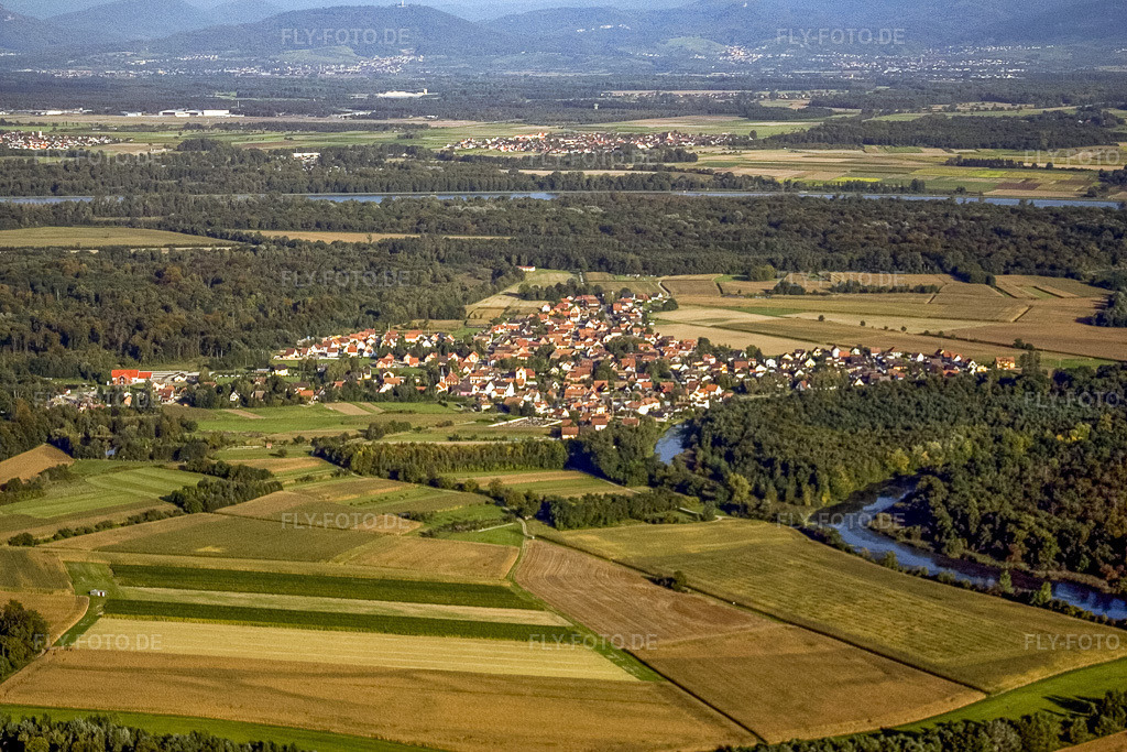 Luftbild: Ortsansicht von Westen zwischen Hellwasser und Rhein in Dalhunden im Bundesland Bas-Rhin in Frankreich. – Foto: IMG_8122.jpg vom 15.09.2007 durch Werner Riehm/FLY-FOTO.de – Auflösung des Originals: 3456 x 2304 px