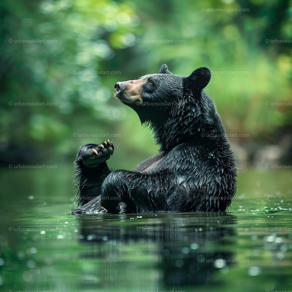 Black Bear Relaxing In The Water | "Black Bear Relaxing In The Water" showcases a serene moment in the wilderness, as a bear sits calmly in reflective water. This tranquil scene invites nature’s peace into any room, perfect for wildlife lovers and rustic decor. - Realisiert mit Pictrs.com