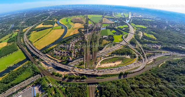 Duisburg230790166_Kreuz Kaiserberg | Luftbild, Autobahnkreuz Kaiserberg, Autobahn A3 und Autobahn A40, Erdkugel, Fisheye Aufnahme, Fischaugen Aufnahme, 360 Grad Aufnahme, tiny world, Duissern, Duisburg, Ruhrgebiet, Nordrhein-Westfalen, Deutschland