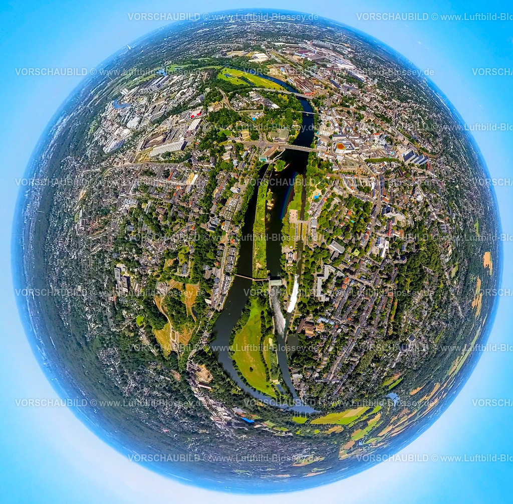 Muelheim230790117_Ruhrauen_Wasserbahnhof | Luftbild, Fluss Ruhr Ruhrauen, Ruhrinsel mit Ruhrschleuse Wasserbahnhof, Erdkugel, Fisheye Aufnahme, Fischaugen Aufnahme, 360 Grad Aufnahme, tiny world, Altstadt I - Südwest, Mülheim an der Ruhr, Ruhrgebiet, Nordrhein-Westfalen, Deutschland