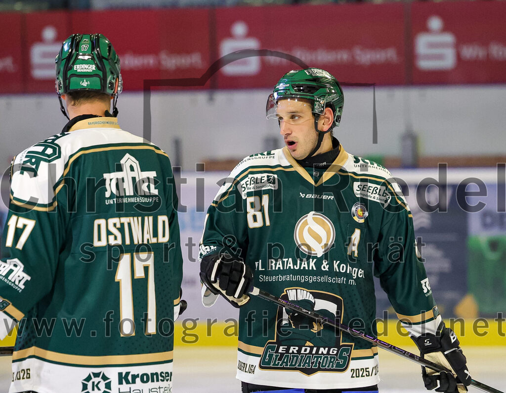 2025-09-12_126_TSV_Erding_gegen_EV_Landshut | Erding, Deutschland, 12.09.2025:Eishockey, Oberliga Süd 2025 / 2026, Testspiel, TSV Erding gegen EV Landshut, Endergebnis: 4:6Elia Ostwald (Erding Gladiators, #17), Maximilian Forster (Erding Gladiators, #81)Foto: Christian Riedel / fotografie-riedel.net