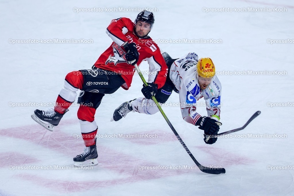 KEC24032501040 | 24.03.2025, Eishockey, DEL Play-offs, Kölner Haie - Fischtown Pinguins Bremerhaven, Viertelfinale Spiel 4, Lanxess-Arena Köln: Maximilian Kammerer (Kölner Haie #9) im Zweikampf gegen Phillip Bruggisser (Fischtown Pinguins #72) 
