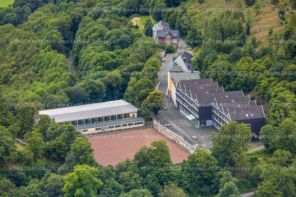 BadLaasphe240709359 | Luftbild, Schloß Wittgenstein, Gymnasium und Realschule im Wald, Wittgenstein-Kunst, Bad Laasphe, Wittgensteiner Land, Nordrhein-Westfalen, Deutschland
