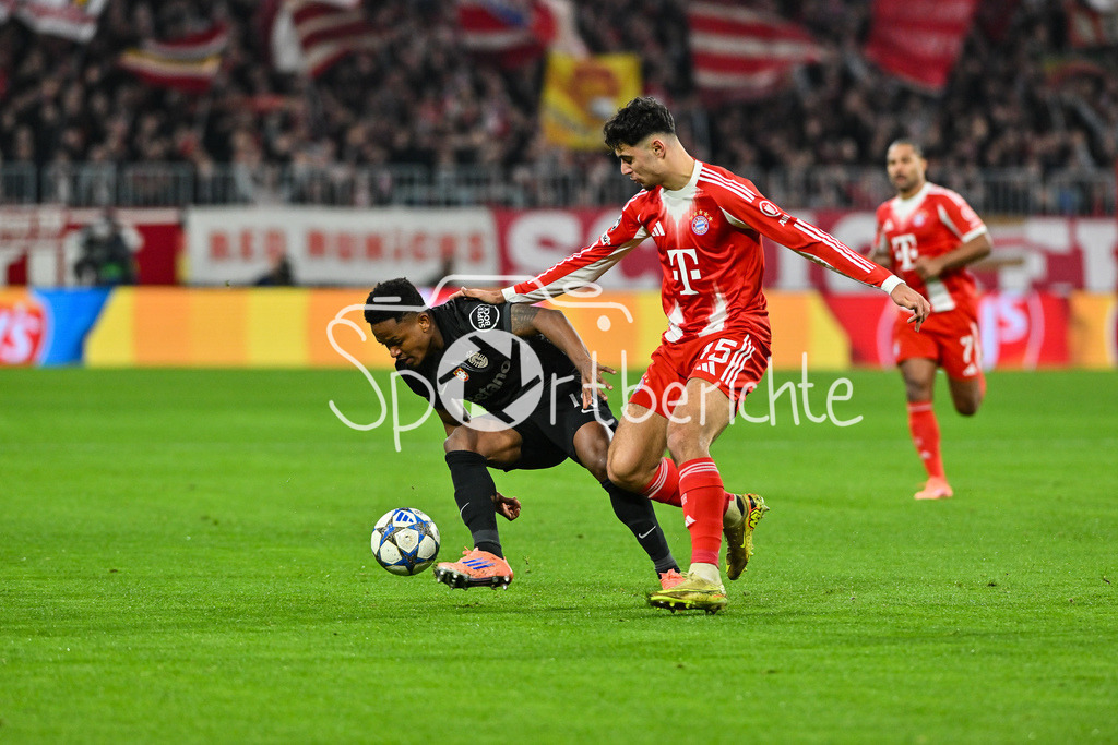 FC Bayern München - Sporting Lissabon | MUNICH, GERMANY - 09. DECEMBER: im Duell Geny CATAMO (Sporting CP 10) und Aleksandar PAVLOVIC (FC Bayern Munich 45) während dem Match zwischen dem FC Bayern München und Sporting Lissabon am 6. Spieltag der UEFA Champions League Ligaphase in der Allianz Arena