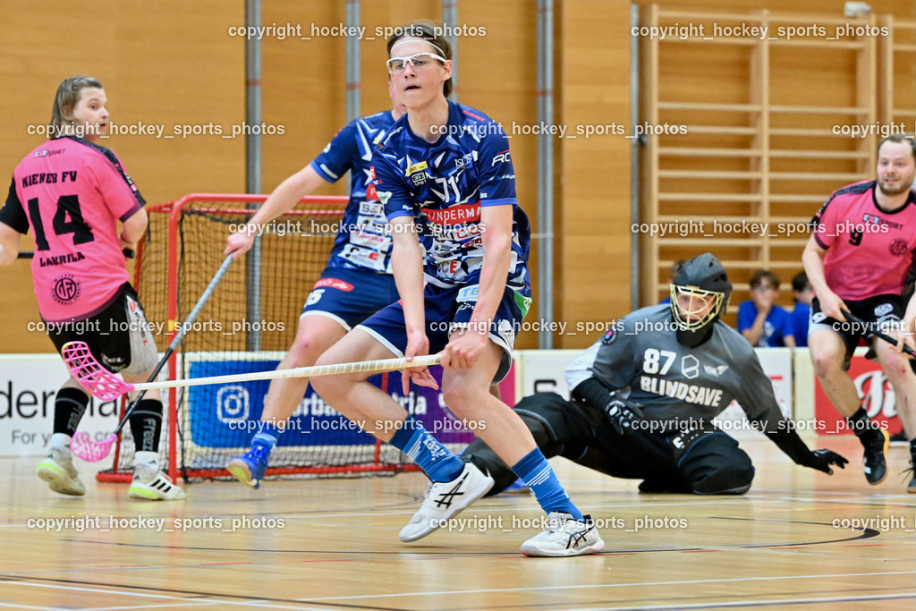 VSV Unihockey vs. Wiener Floorball Verein | #14 LAURILA Teo Wiener Floorballverein, #71 Leon Widnig VSV Unihockey, #87 Timmo Taurer VSV Unihockey, #9 ZEHETNER Laurin Wiener Floorballverein, VSV Unihockey vs. Wiener Floorball Verein, VSV Unihockey vs. Wiener Floorball Verein am 18.05.2025 in Villach (Ballspielhalle St. Martin), Austria, (Photo by Bernd Stefan)