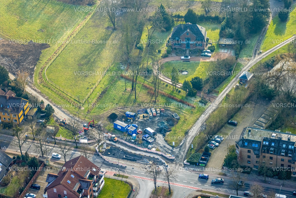 Hamm250201393Mitte | Luftbild, Haus Kentrop und Marker Allee, grüne Wiesen und Felder im Landschaftsschutzgebiet, Baustelle Straßenbauarbeiten Dunantweg Ecke Marker Allee, Mitte, Hamm, Ruhrgebiet, Nordrhein-Westfalen, Deutschland