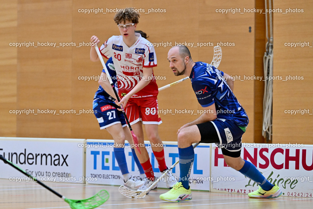 VSV Unihockye vs. KAC Floorball | #80 Lino Roth KAC Floorball, #13 Jan Sláma VSV Unihockey, VSV Unihockye vs. KAC Floorball, VSV Unihockye vs. KAC Floorball am 13.04.2025 in Villach (Ballspielhalle St. Martin), Austria, (Photo by Bernd Stefan)