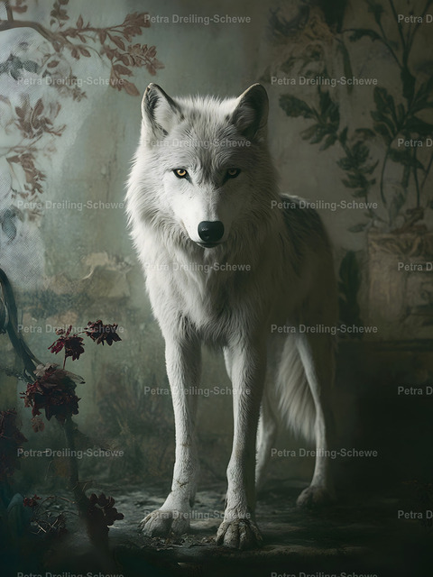 Silent Kingdom Art - White Wolf | Bring timeless elegance and quiet strength into your space with this majestic stag artwork from the Silent Kingdom Collection.This surreal and atmospheric piece shows a white wolf standing in an abandoned room. The soft light, and calm presence create a feeling of serenity, strength, and quiet power. A quiet moment captured in timeless elegance. - Realisiert mit Pictrs.com