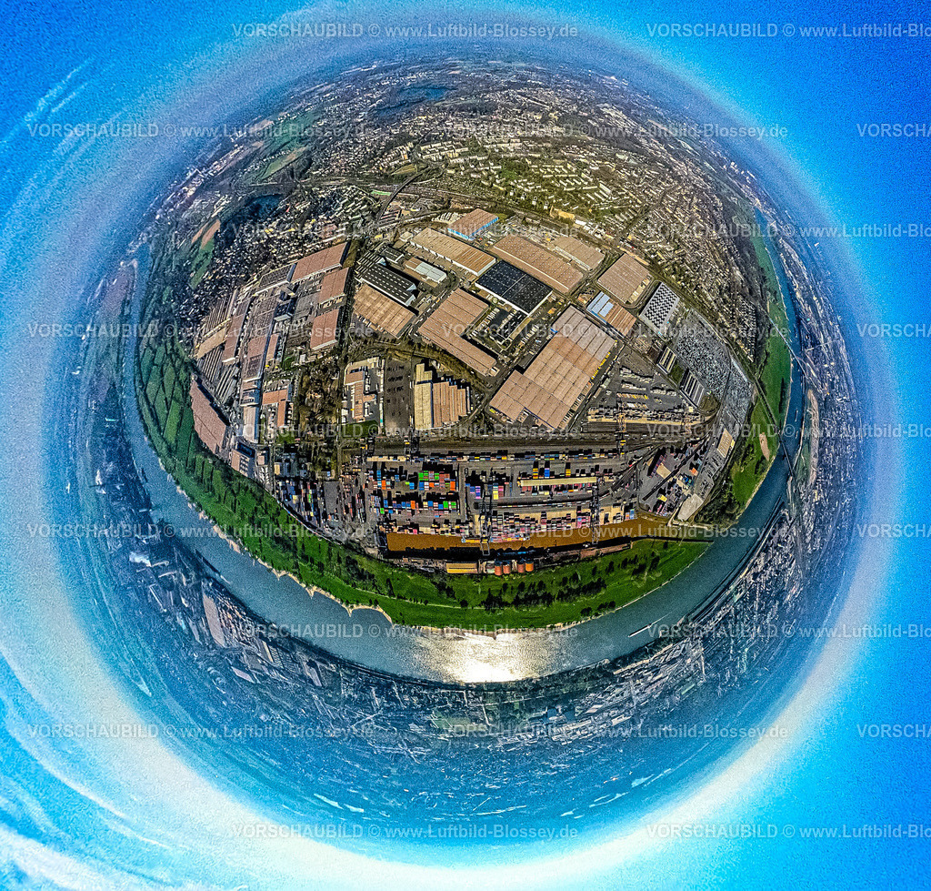 Duisburg250490016Logport1Rheinhausen | Luftbild, duisport Hafen, logport I Rheinhausen, logport 1, Containerhafen, Duisburg Hafen D3T Duisburg Trimodal Terminal, AutomobilLogistik, Erdkugel, Fisheye Aufnahme, Fischaugen Aufnahme, 360 Grad Aufnahme, tiny world, little planet, fisheye Bild, Hüttenheim, Duisburg, Ruhrgebiet, Nordrhein-Westfalen, Deutschland