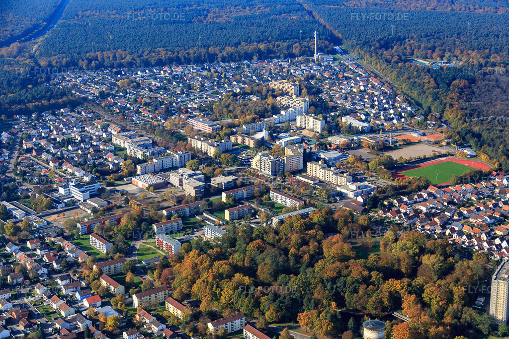 Luftbild: Ortsteil Dorschberg mit IGS Wörth: Carl-Benz-Gesamtschule, Grundschule Dorschberg, Europa Gymnasium Wörth und Rathaus Stadt Wörth am Rhein in Wörth am Rhein im Bundesland Rheinland-Pfalz in Deutschland. Foto: IMG_075776.jpg vom 02.11.2014 durch Werner Riehm/FLY-FOTO.deWWW.CBG-WOERTH.DE
