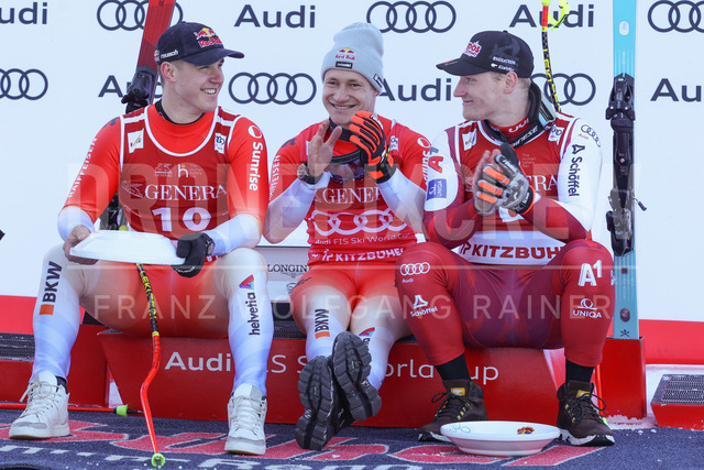 Audi FIS Ski World Cup: Men’s Slalom – Hahnenkamm Race, Kitzbuehel | Kitzbuehel, Austria, 25.Jan.26 - Alpine Skiing - FIS World Cup, Hahnenkamm Race, Slalom, men. The image shows VON ALLMEN Franjo (SUI, Head), ODERMATT Marco (SUI, Stoeckli) and BABINSKY Stefan (AUT.