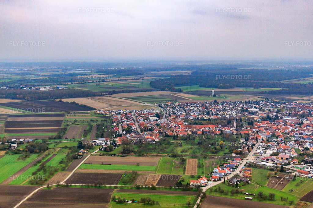 Luftbild: Ortsansicht von Nordwesten im Ortsteil Liedolsheim in Dettenheim im Bundesland Baden-Württemberg in Deutschland. Foto: IMG_60901.jpg vom 16.11.2013 durch Werner Riehm/FLY-FOTO.deAuflösung des Originals: 4529 x 3019 px