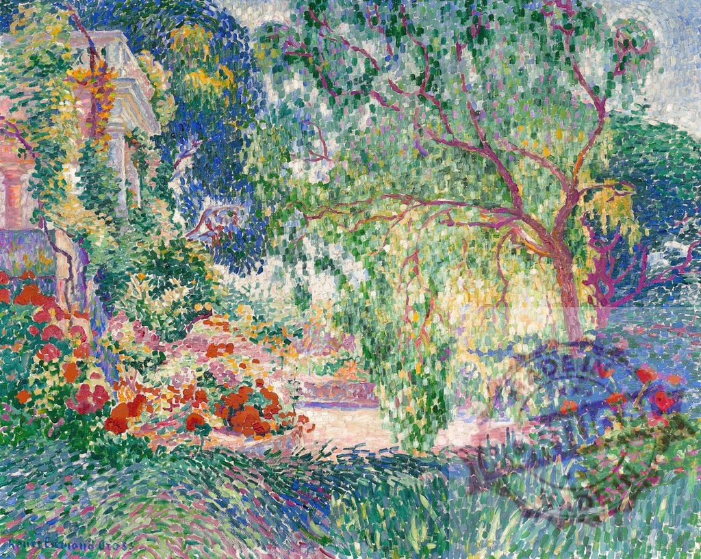 Henri-Edmond Cross pointillism painting garden landscape. Henri Edmund Cross | Painting showing a vibrant garden landscape filled with trees, flowers, and a building under sunlight - Realisiert mit Pictrs.com