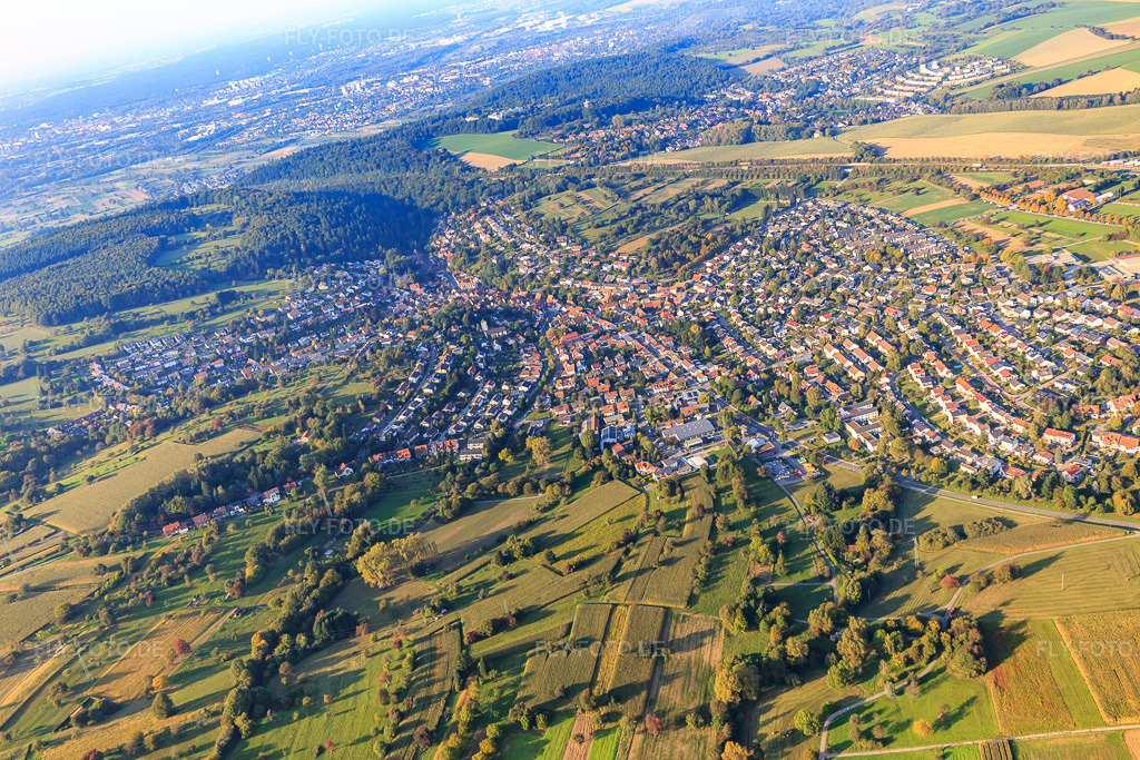 Luftbild: Ortsansicht von Süden im Ortsteil Grünwettersbach in Karlsruhe im Bundesland Baden-Württemberg in Deutschland. Foto: IMG_103609.jpg vom 23.09.2017 durch Werner Riehm/FLY-FOTO.de