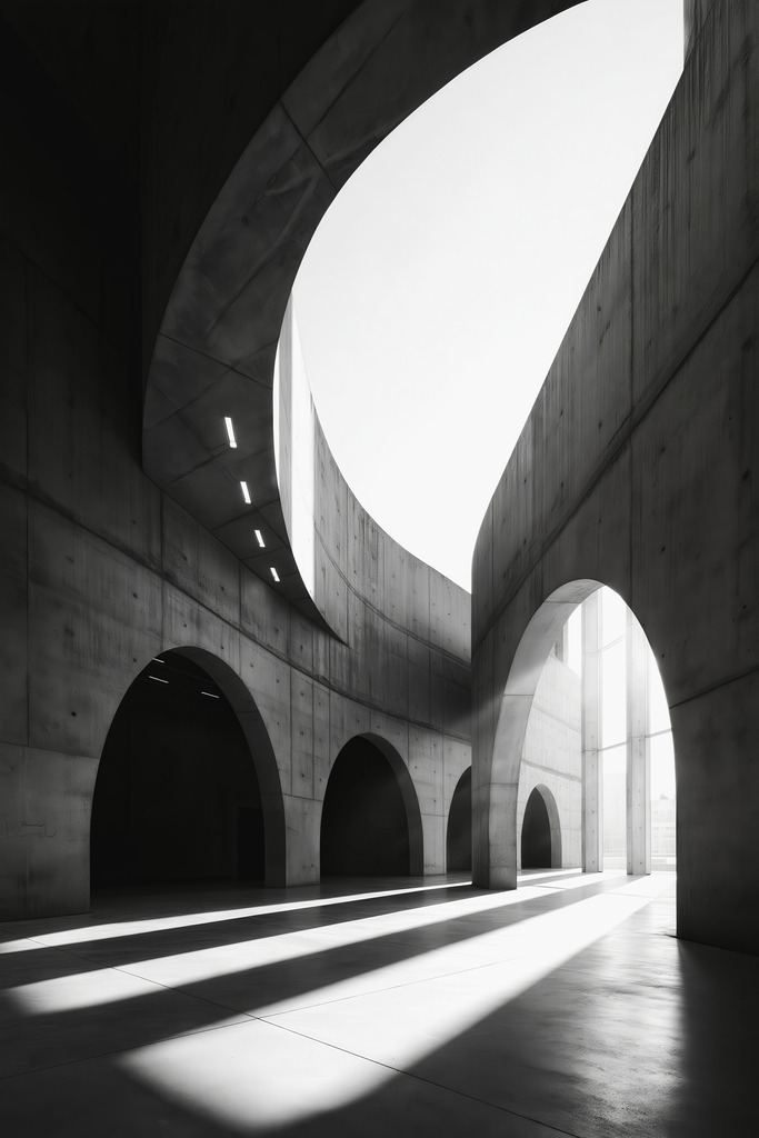 Abstrakte Innenarchitektur | Mit moderner KI‑generiertes schwarz-weiß Artwork, sorgfältig manuell für den Druck optimiert.
