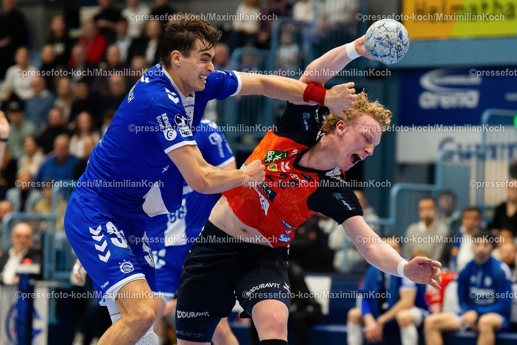 xYDR22022501059 | 22.02.2025, xydrx, Handball, 1.HBL, VFL Gummersbach - Rhein-Neckar-Löwen, Schwalbe-Arena: Julian Koester (VFL Gummersbach #7) gegen Gustav Davidsson (Rhein-Neckar-Loewen #22)