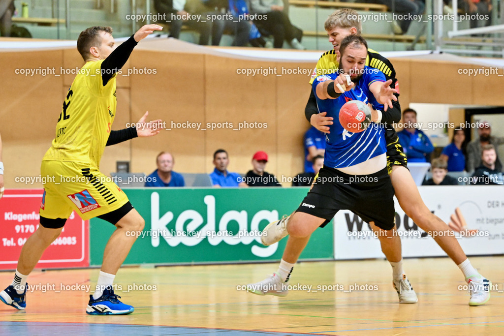 SC Ferlach vs. Bregenz Handball | #32 KOTAR Matic Bregenz Handball, #57 LEBAN Patrik SC Ferlach, #10 BERGMAYER Max Bregenz Handball, SC Ferlach vs. Bregenz Handball, SC Ferlach vs. Bregenz Handball am 28.09.2024 in Ferlach (Ballspielhalle Ferlach), Austria, (Photo by Bernd Stefan)