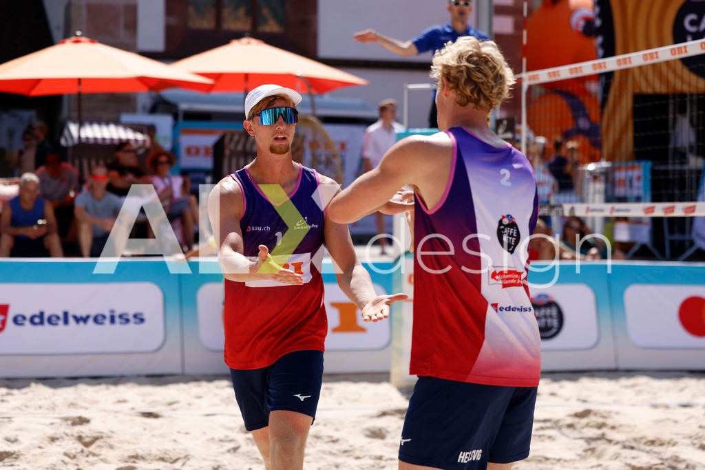 Obi BeachTour 2026 - Basel | BASEL, SWITZERLAND - JULY 18: VILLADS FLÜGGE NAPIER (DEN) and JACOB HEJLSVIG PETERSEN (DEN) during the Obi BeachTour 2026 match between ALLEMANN / LEFFLER (SUI) and MASSEREY / SCHNEGG (SUI) at Barfüsserplatz on July 18, 2026 in Basel, Switzerland. - Realisiert mit Pictrs.com