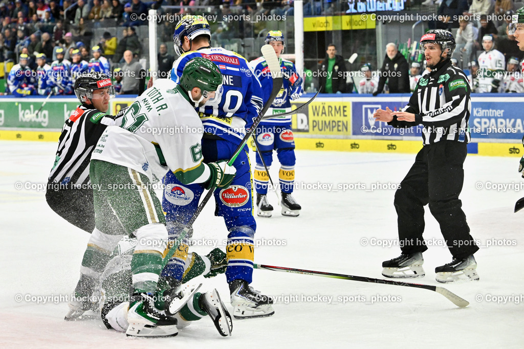 EC IDM WÄRMEPUMPEN VSV vs. FTC-TELEKOM JÉGKORONG | MAXIMILIAN GATOL Referee, JERAM FILIP Referee, #89 Luca Erne EC VSV, #61 Richard Tóth FTC-Telekom, EC IDM WÄRMEPUMPEN VSV vs. FTC-TELEKOM JÉGKORONG, EC IDM WÄRMEPUMPEN VSV vs. FTC-TELEKOM JÉGKORONG am 19.10.2025 in Villach (Stadthalle Villach), Austria, (Photo by Bernd Stefan)