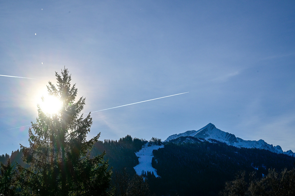 Winterlicht über den Gipfeln: Ein Moment der Stille | Ein zauberhafter Wintertag voller Klarheit und Sehnsucht: Die tief stehende Sonne bricht gleißend durch die Äste einer stolzen Tanne und taucht die Szenerie in ein gleißendes Gegenlicht. Im Hintergrund erhebt sich majestätisch die schneebedeckte Alpspitze vor einem blassblauen Himmel, an dem ein einsamer Kondensstreifen sanft die Unendlichkeit durchbricht. Die schattigen Bergwälder und die weiße Skipiste im Tal strahlen eine erhabene Ruhe aus. Eine Aufnahme, die die eiskalte Frische der Bergluft spürbar macht und das Herz mit tiefer Demut erfüllt. - Realisiert mit Pictrs.com