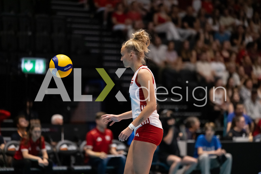 Austria v Switzerland - CEV European League Women | KRIENS, SWITZERLAND - JUNE 14: DANA SCHMIT of Austria serve during the CEV European League match between Austria and Switzerland at Pilatus Arena on June 14, 2026 in Kriens, Switzerland. - Realisiert mit Pictrs.com