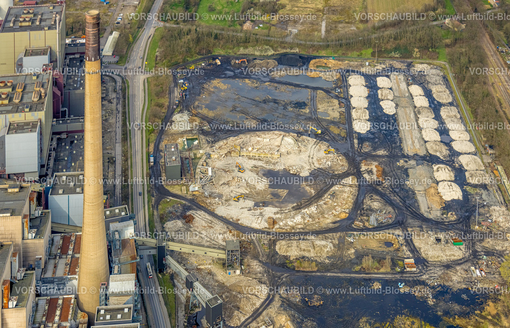 Voerde240309084 | Luftbild, Kraftwerk Voerde am Fluss Rhein, Abriss Kühlturm, stillgelegtes Steinkohlekraftwerk, Möllen, Voerde, Nordrhein-Westfalen, Deutschland