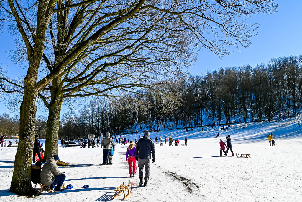 Winterglück unter strahlendem Sonnenhimmel | Strahlender Sonnenschein, knirschender Schnee und frische Winterluft: Zahlreiche Familien und Spaziergänger genießen einen perfekten Wintertag am verschneiten Hang. Kinder sausen auf ihren Holzschlitten bergab, während Eltern im Schatten mächtiger, entlaubter Bäume die Sonnenstrahlen tanken. Der tiefblaue Himmel bildet einen imposanten Kontrast zur weiß glitzernden Schneedecke. Diese stimmungsvolle Aufnahme fängt die unbeschwerte Freude, die lebendige Aktivität und die magische Faszination der kalten Jahreszeit perfekt ein. - Realisiert mit Pictrs.com