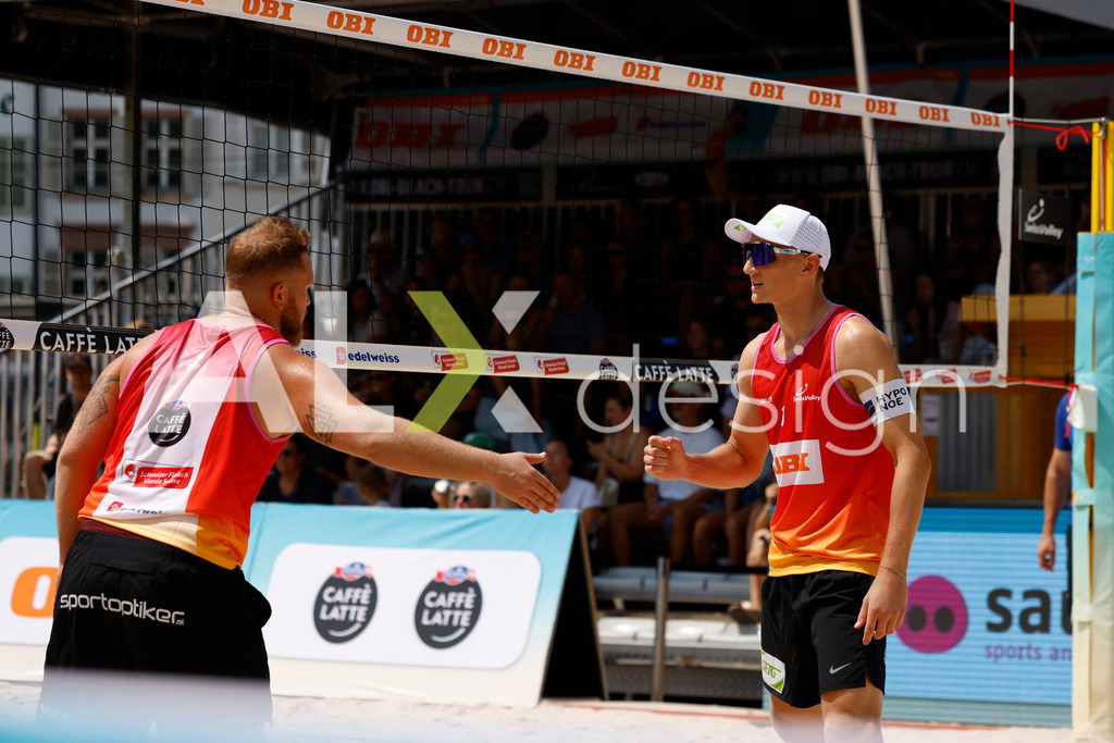 Obi BeachTour 2026 - Basel | BASEL, SWITZERLAND - JULY 19: LAURENZ LEITNER (AUT) and MORITZ KINDL (AUT) during the Obi BeachTour 2026 match between LEITNER / KINDL (AUT) and BREER / KÄLIN (SUI) at Barfüsserplatz on July 19, 2026 in Basel, Switzerland. - Realisiert mit Pictrs.com