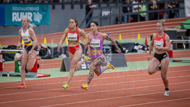 Indoor Meeting Dortmund, 08.02.2026 | DORTMUND, GERMANY - FEBRUARY 8:  Half final 6ß0m - Sina Mayer (LAZ Zweibrücken), María Ignacia Montt (Chile), Ewa Swoboda (Polen), Sophia Junk (LG Rhein-Wied) during the Indoor Meeting Dortmund at the Helmut-Koernig-Halle on February 8, 2026 in Dortmund, Germany. (Photo by Axel Kohring/Beautiful Sports Int.)