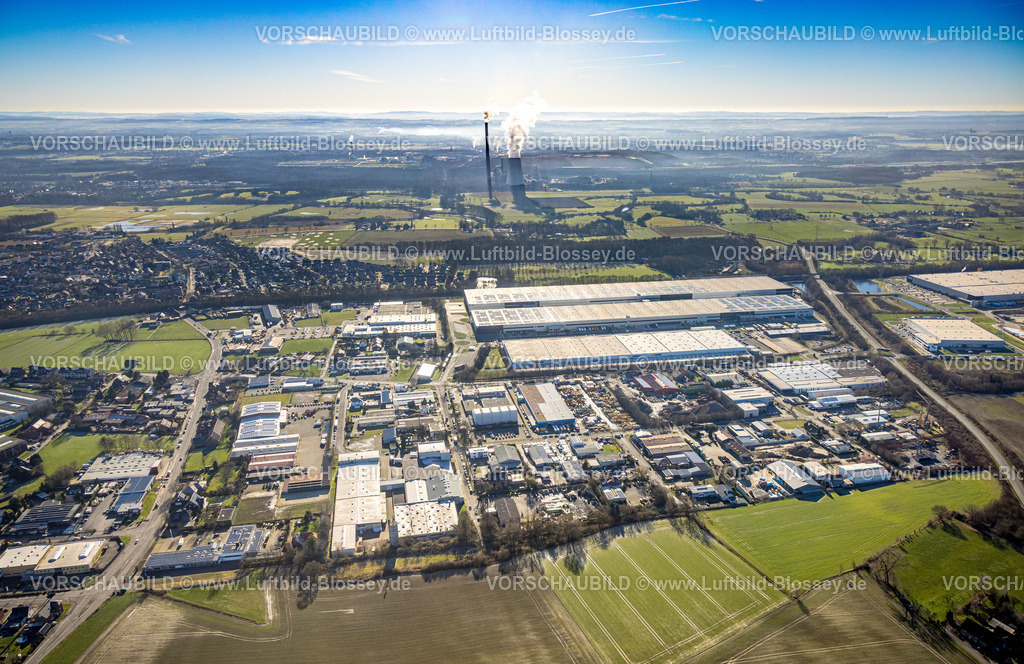 Werne230203073 | Luftbild, Imperial Industrial Logistics, Gewerbegebiet Wahrbrink, im Hintergrund das Kraftwerk Bergkamen mit Dampfwolke, Lenklar, Werne, Ruhrgebiet, Nordrhein-Westfalen, Deutschland