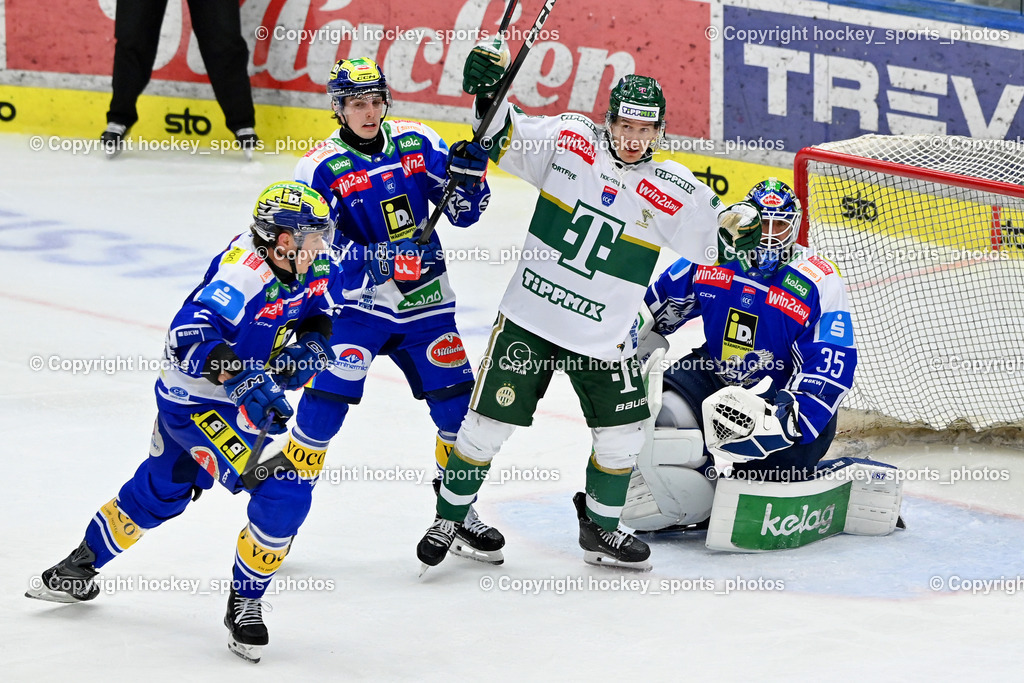 EC IDM WÄRMEPUMPEN VSV vs. FTC-TELEKOM JÉGKORONG | #2 Dylan MacPherson EC VSV, #43 Julian Raspotnig EC VSV, #35 Joe Cannata EC VSV, #25 Aku Kestila FTC-Telekom, EC IDM WÄRMEPUMPEN VSV vs. FTC-TELEKOM JÉGKORONG, EC IDM WÄRMEPUMPEN VSV vs. FTC-TELEKOM JÉGKORONG am 19.10.2025 in Villach (Stadthalle Villach), Austria, (Photo by Bernd Stefan)