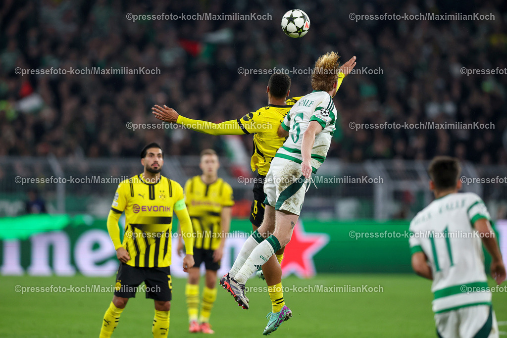 BVB01102402249 | 01.10.2024, Fußball, UEFA Champions League, Borussia Dortmund - Celtic Glasgow, 2. Spieltag, Signal Iduna Park, Saison 2024 2025: Felix Nmecha (BVB #8) gegen Liam Scales (Celtic #5) Kopfballduell