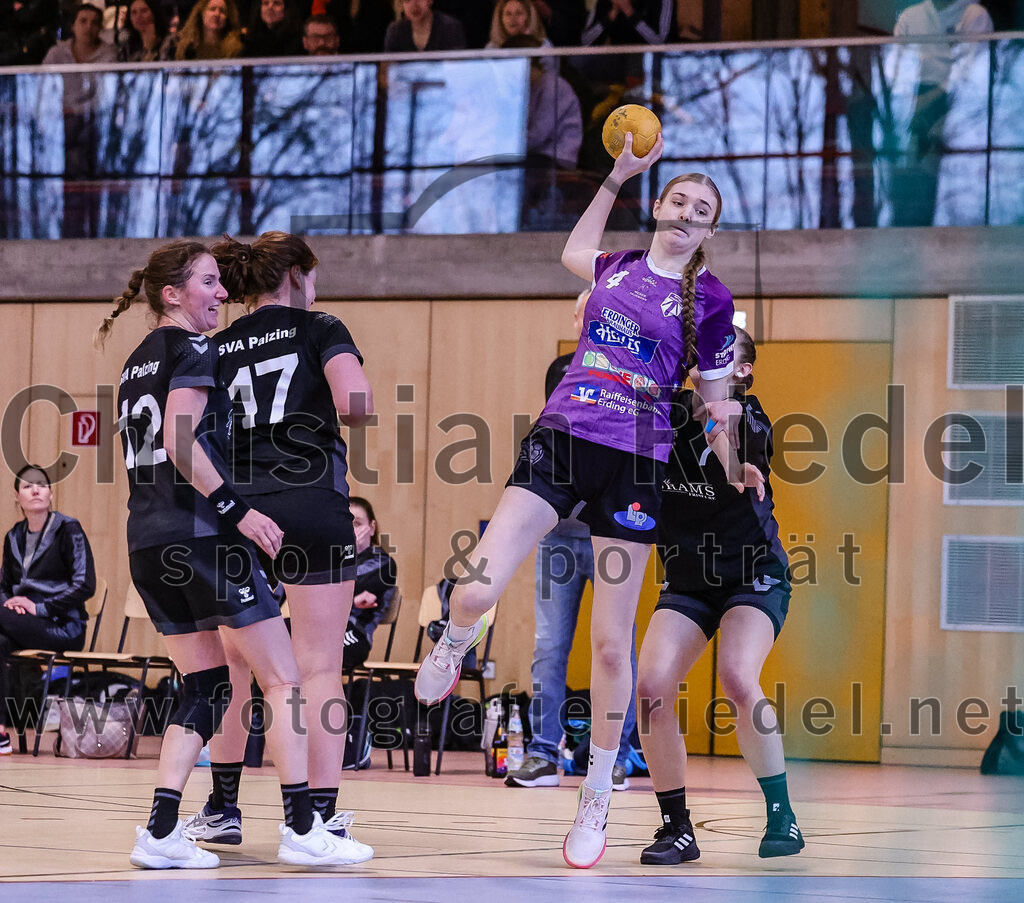 2024-12-14_075_SpVgg_Altenerding_gegen_SVA_Palzing | Erding, Deutschland, 14.12.2024:Handball, Bezirksoberliga Frauen Altbayern 2024 / 2024, 9. Spieltag, SpVgg Altenerding gegen SVA Palzing, Endergebnis: 20:30Sandra Redl (SVA Palzing, #12), Christina Schredl (SVA Palzing, #17), Greta Felbinger (SpVgg Altenerding, #4), Paula Forster (SVA Palzing, #7)Foto: Christian Riedel / fotografie-riedel.net