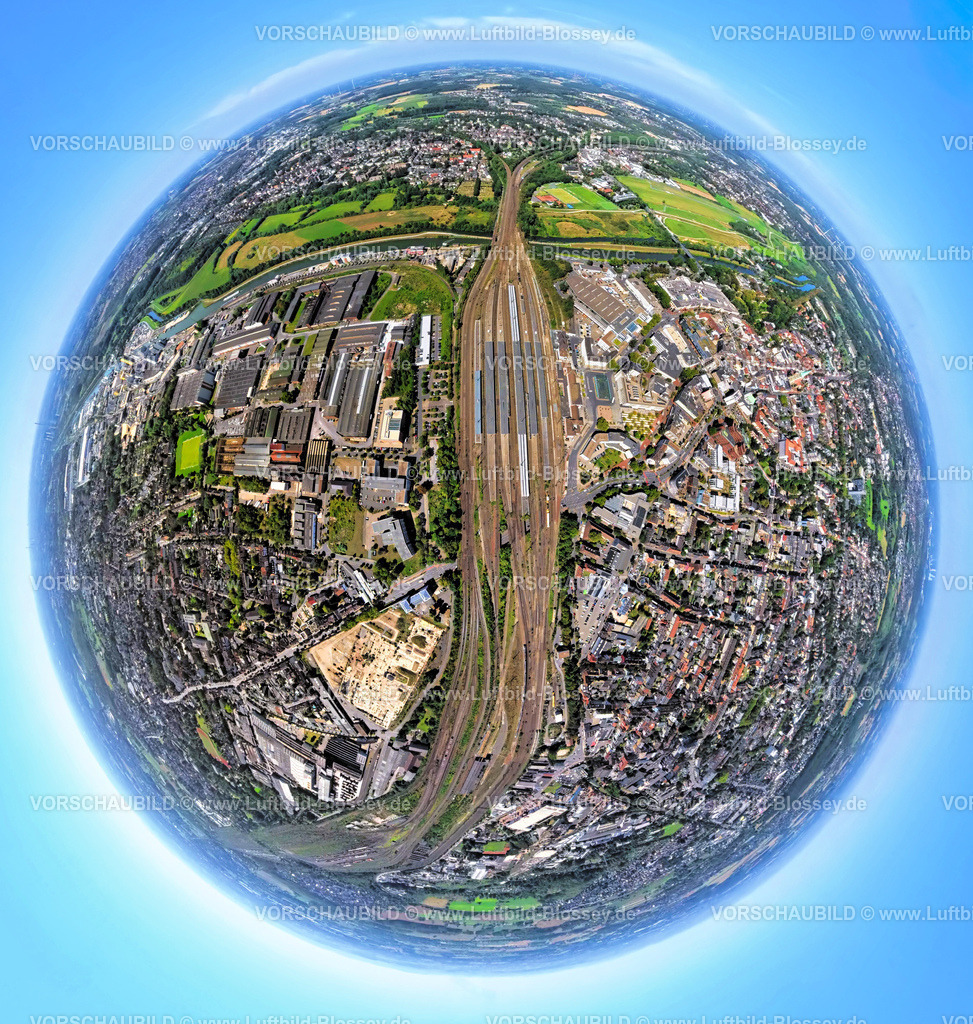 Hamm250811533Westen-2 | Luftbild, Hamm-Westen, Hafen und City dazwischen Hbf Hauptbahnhof, Erdkugel, Fisheye Aufnahme, Fischaugen Aufnahme, 360 Grad Aufnahme, tiny world, little planet, fisheye Bild, Mitte, Hamm, Ruhrgebiet, Nordrhein-Westfalen, Deutschland