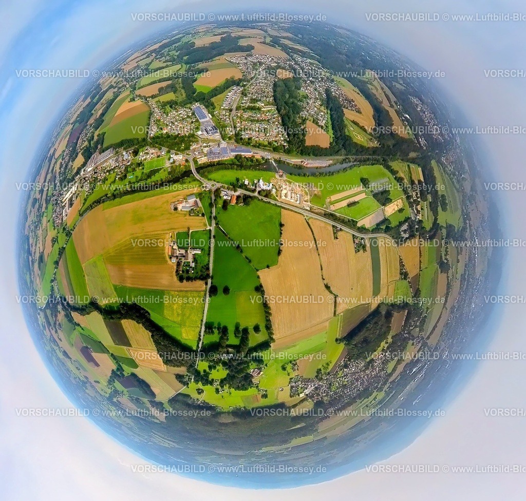 Froendenberg230990120 Langschede Ruhr | Luftbild, Ortsansicht Ortsteil Langschede und Ardey, umgeben von Wiesen und Feldern, Baustelle Wasserwerke Westfalen GmbH, Fluss Ruhr, Erdkugel, Fisheye Aufnahme, Fischaugen Aufnahme, 360 Grad Aufnahme, tiny world, Langschede, Fröndenberg, Ruhrgebiet, Nordrhein-Westfalen, Deutschland