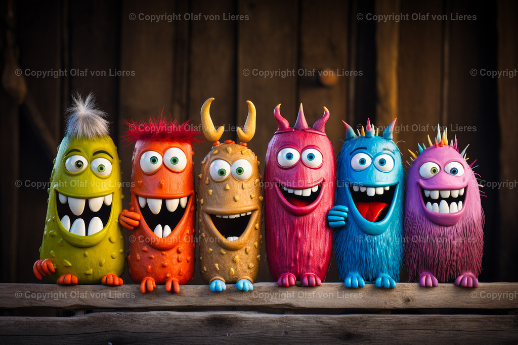 lachende Monster vor einer Holzwand | farbenfrohe Monster lachen