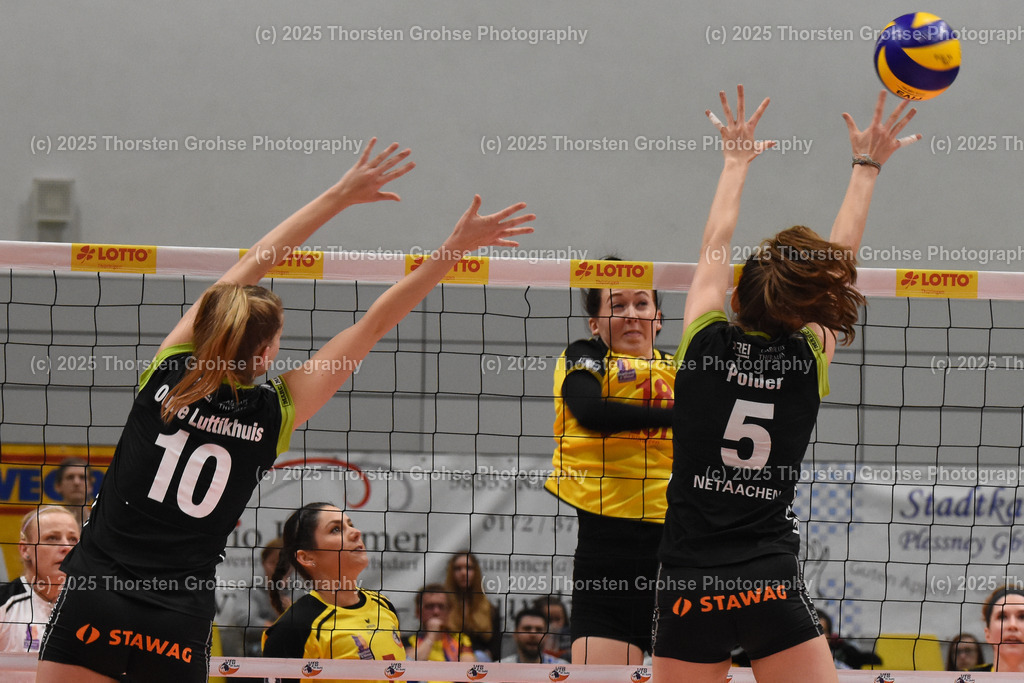 VBL VFB SUHL vs. LADIES IN BLACK AACHEN | Aachen in SCHWARZ gegen Suhl in GELB; VBL VFB SUHL vs. LADIES IN BLACK AACHEN, Volleyball-Bundesliga Frauen am 03.02.2018 in der Multihalle in Meiningen, (Deutschland) - Realisiert mit Pictrs.com
