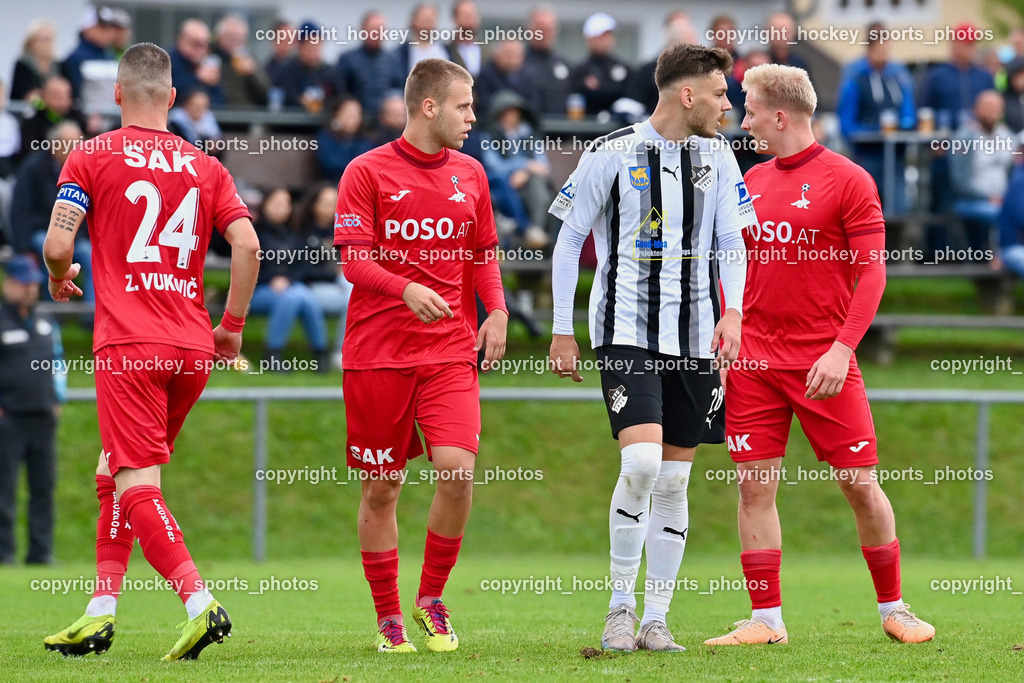 SVG Bleiburg vs. SAK 23.9.2023 | #24 Zoran Vukovic (K) SAK, #13 Fabian Griesebner SAK, #28 Al Mahic SVG Bleiburg, #6 Toni Dullnig SAK, SVG Bleiburg vs. SAK 23.9.2023, SVG Bleiburg vs. SAK am 23.09.2023 in Bleiburg (Karl Kornberger Stadion), Austria, (Photo by Bernd Stefan)