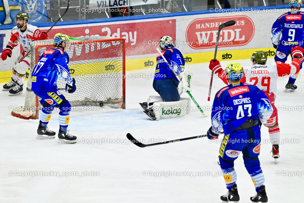 EC IDM Wärmepumpen VSV vs. HC Bozen 30.12 2022 | #1 Lamoureux Jean Philippe, Tor HC Bozen, #26 Miceli Angelo, Jubel HC Bozen, #29 Felicetti Leonardo, #77 Lindner Philipp
