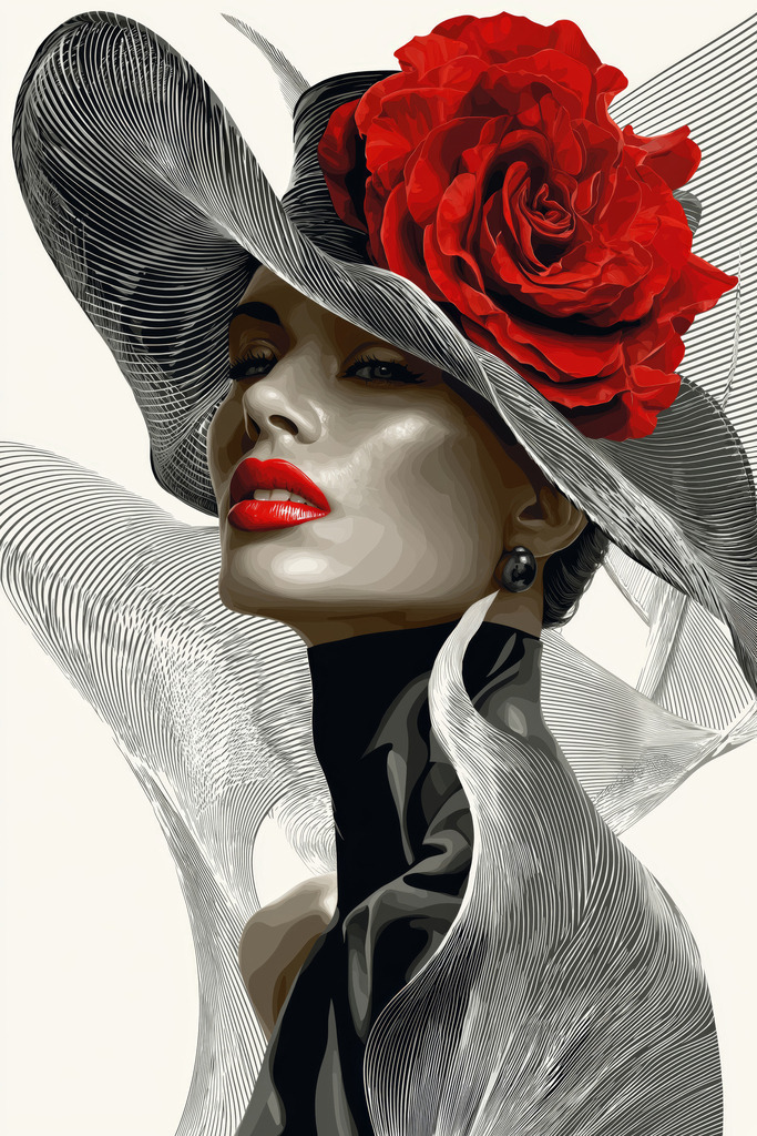 2507019 - La Femme Rouge | Stilvolles Porträt im Modekunst-Stil. Die reduzierte Farbgebung in Schwarz, Weiß und Rot verleiht dem Bild Eleganz und grafische Spannung. Ein Motiv mit starker Ausstrahlung – zwischen Klassik und Moderne.